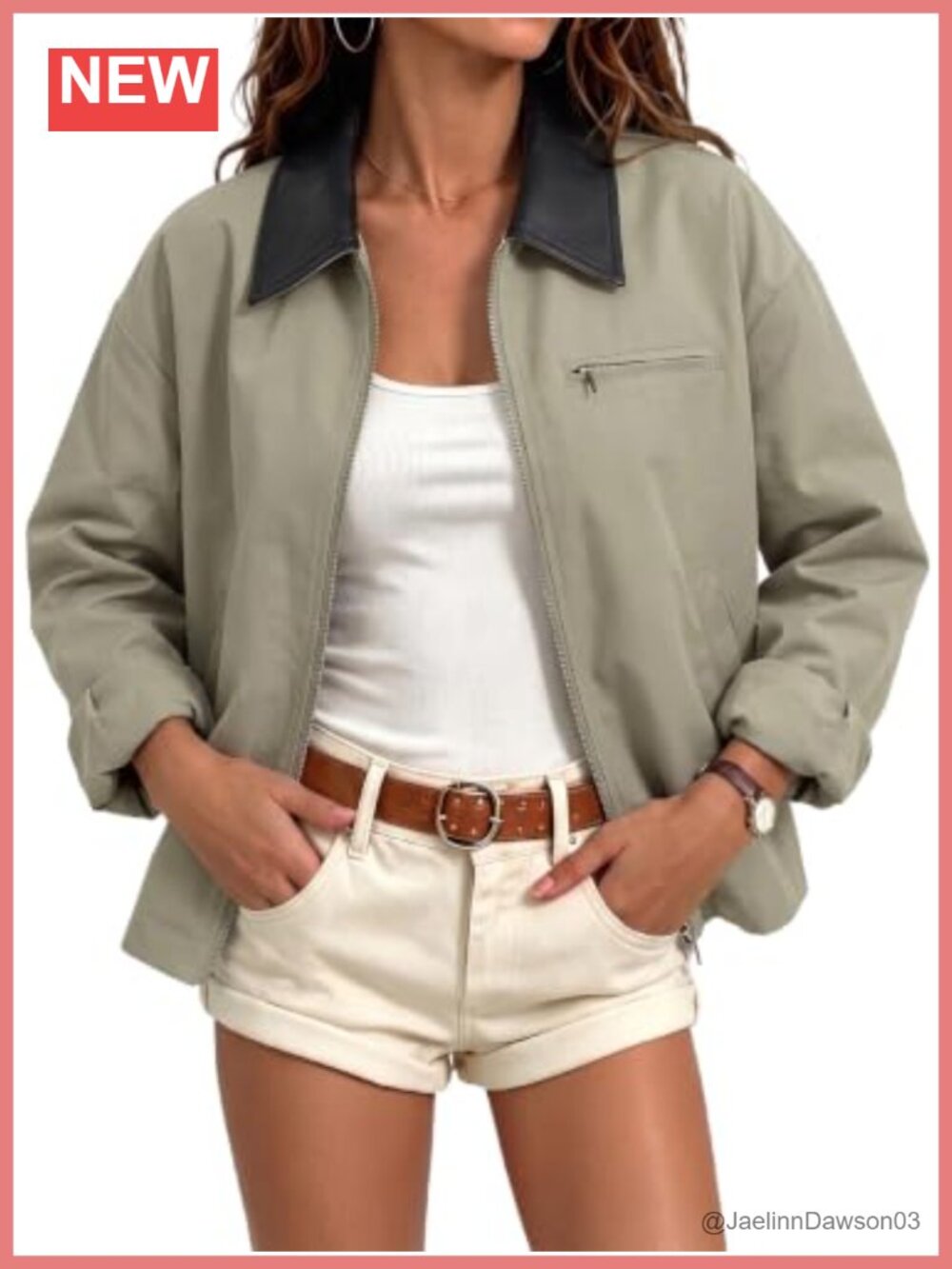 Cropped Zip Up Bomber Jacket Faux Leather Lapel Lightweight Casual